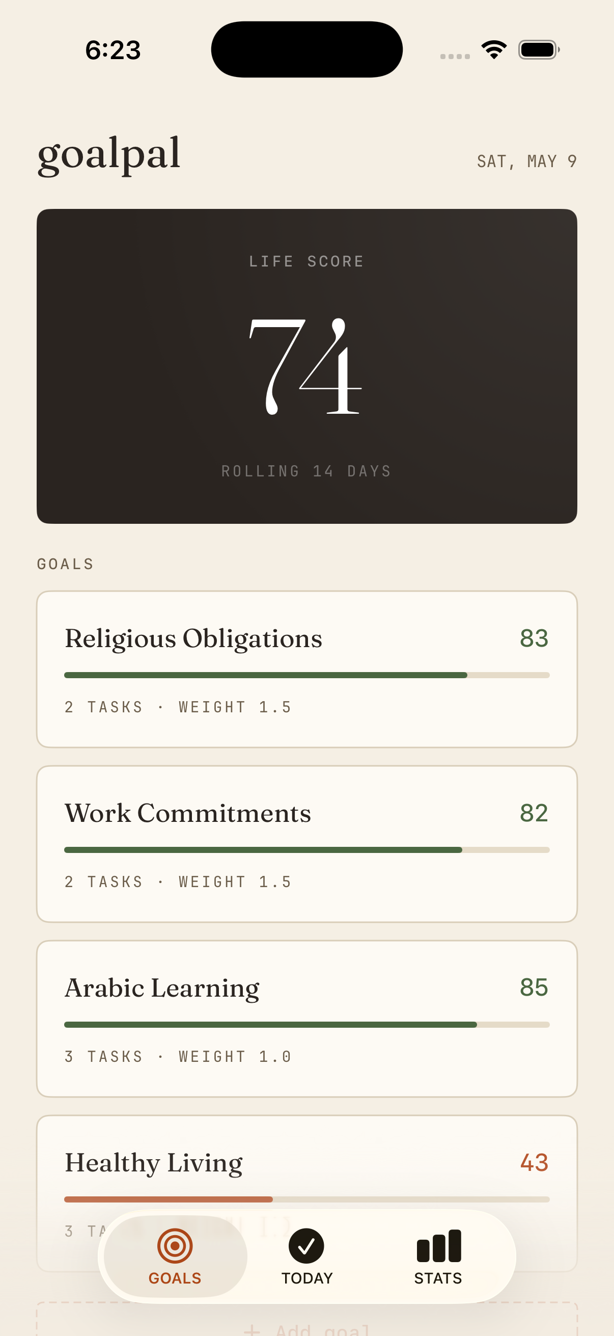 goalpal home screen showing a life score of 74 over a rolling 14 days, with goal cards for Religious Obligations, Work Commitments, Arabic Learning and Healthy Living.